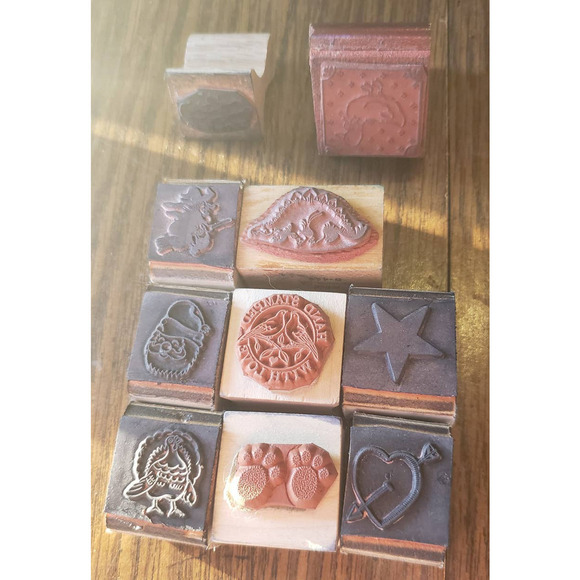 Lot of 10 Small Animals and Figures Wood Mounted Rubber Stamps Santa Turkey Dino - Picture 2 of 16